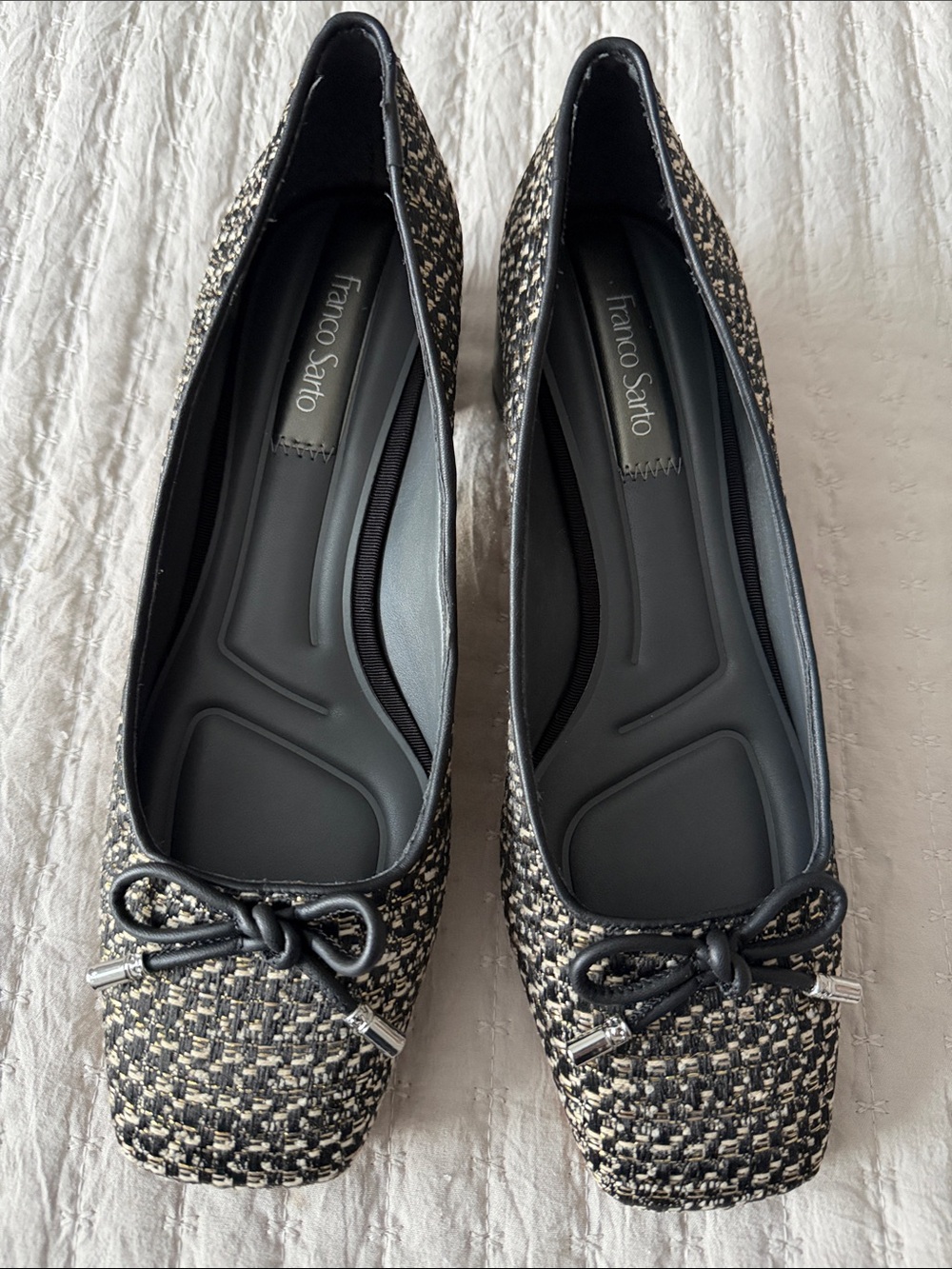 NWOT Franco Sarto Black-Gold-Cream Tweed Bow Ballet Heels 8.5 ❤️ Perfect In Fall